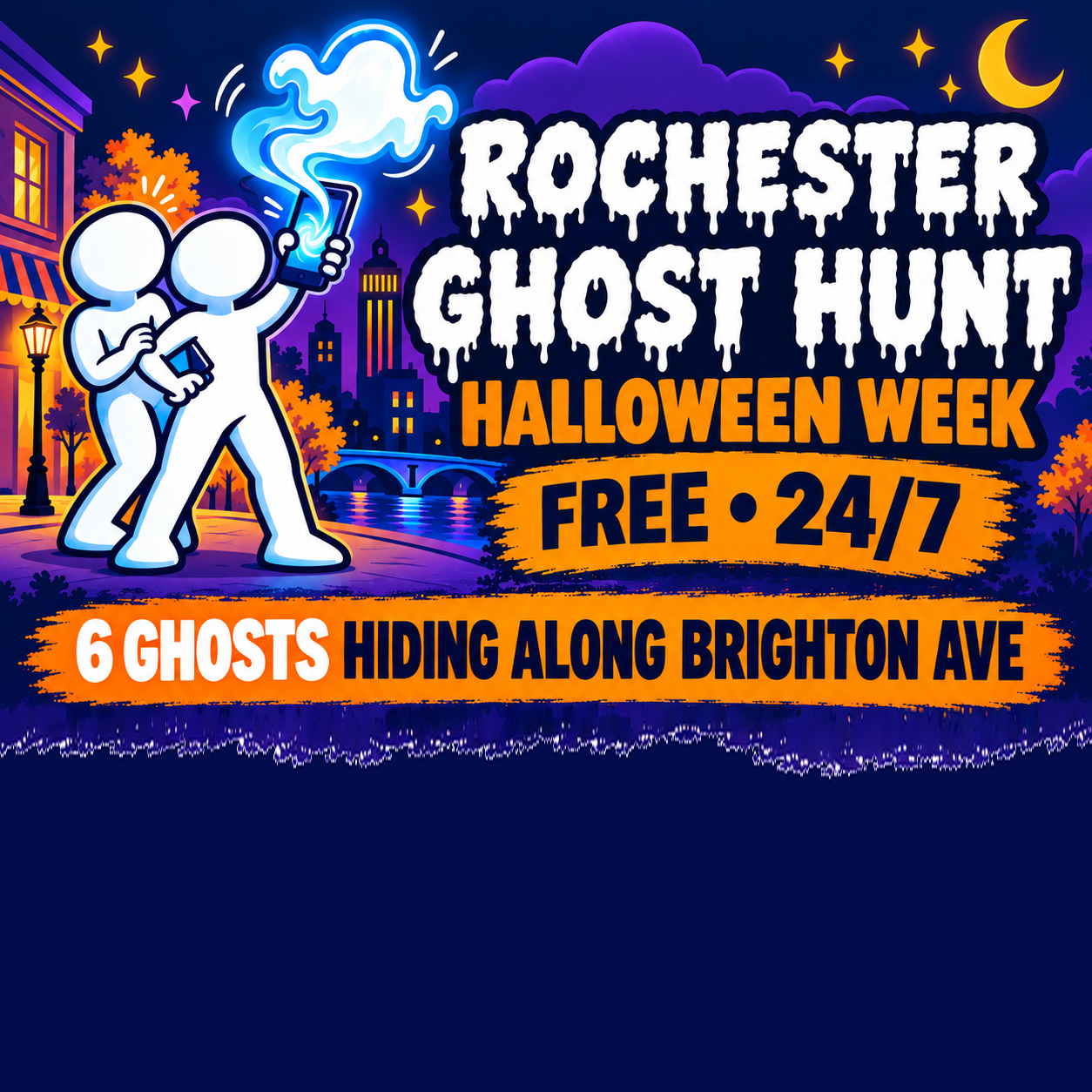 Rochester Ghost Hunt Halloween Week artwork with two BUS characters capturing a ghost on a phone