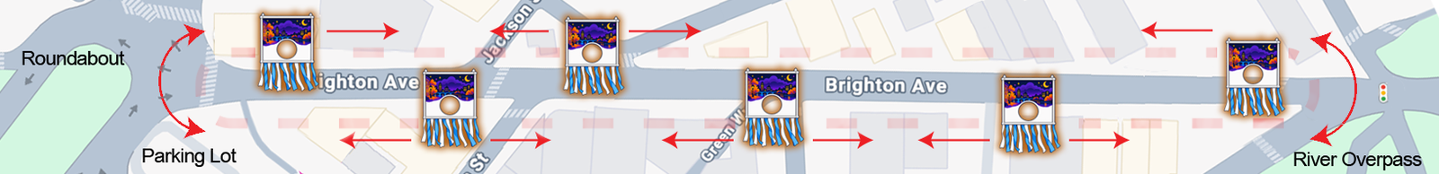 Map showing six Ghost Hunt stations along Brighton Avenue