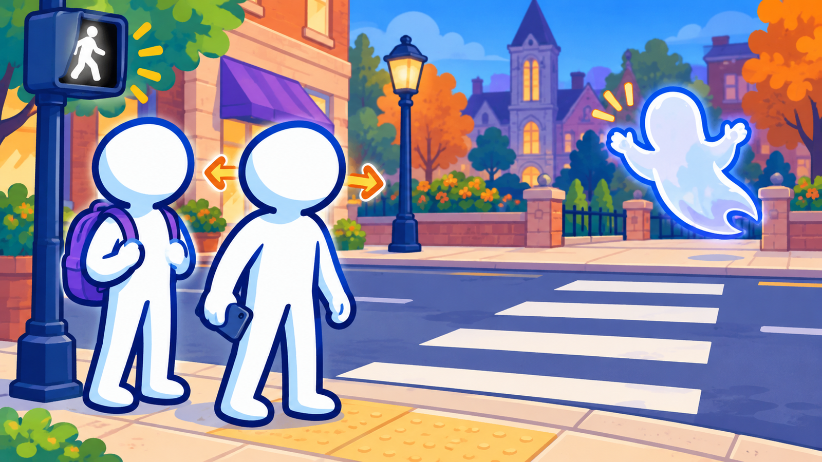 Two BUS characters waiting safely at a marked crosswalk while a ghost waves from across the street