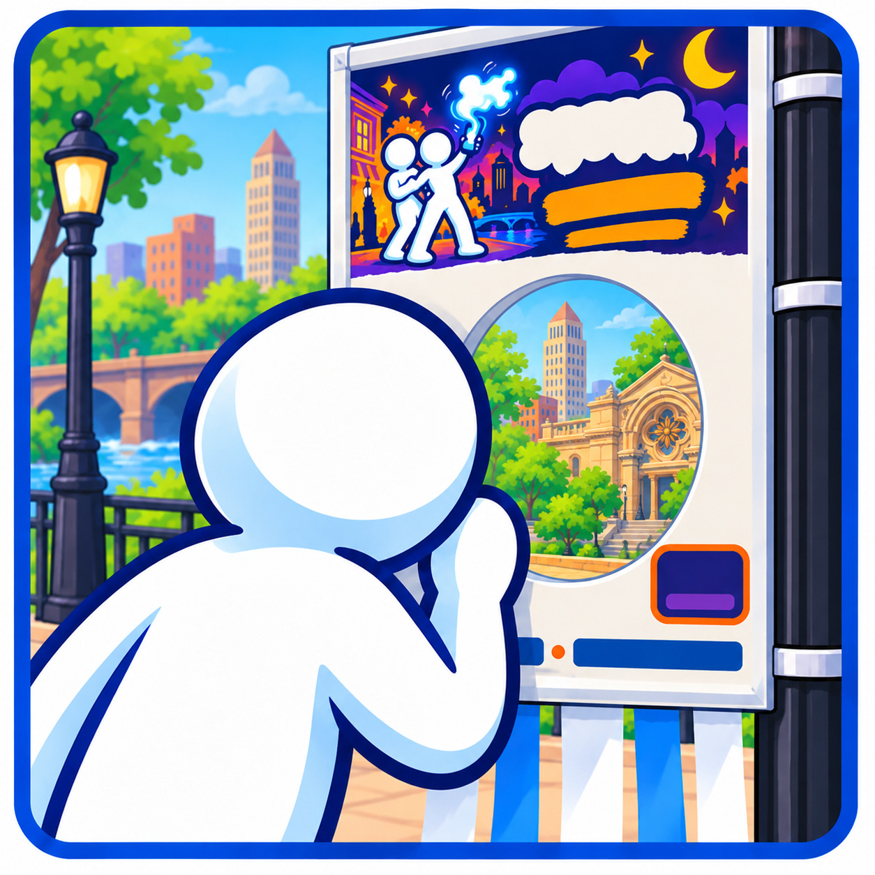 A BUS character looking through the portal and finding a ghost