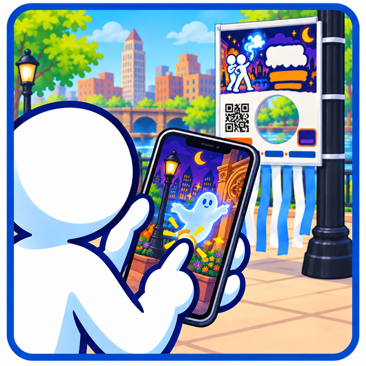 A BUS character scanning a station QR code
